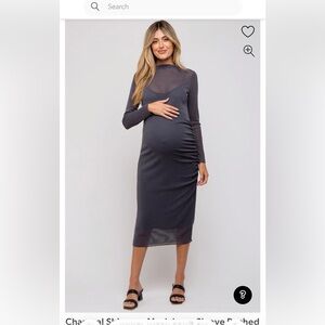 Pink Blush Maternity Charcoal Shimmer Mesh Long Sleeve Ruched Midi Dress